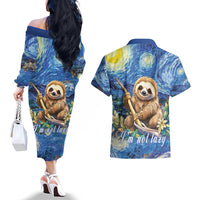 Sloth Starry Night Couples Matching Off The Shoulder Long Sleeve Dress and Hawaiian Shirt I'm Not Lazy - Wonder Print Shop