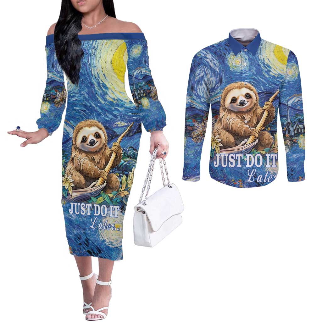 Sloth Starry Night Couples Matching Off The Shoulder Long Sleeve Dress and Long Sleeve Button Shirt I'm Not Lazy
