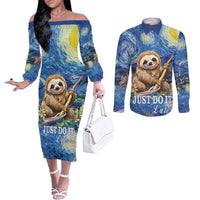 Sloth Starry Night Couples Matching Off The Shoulder Long Sleeve Dress and Long Sleeve Button Shirt I'm Not Lazy