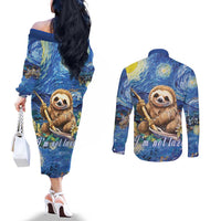 Sloth Starry Night Couples Matching Off The Shoulder Long Sleeve Dress and Long Sleeve Button Shirt I'm Not Lazy