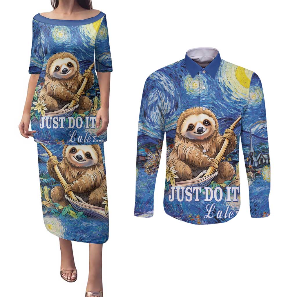 Sloth Starry Night Couples Matching Puletasi and Long Sleeve Button Shirt I'm Not Lazy - Wonder Print Shop