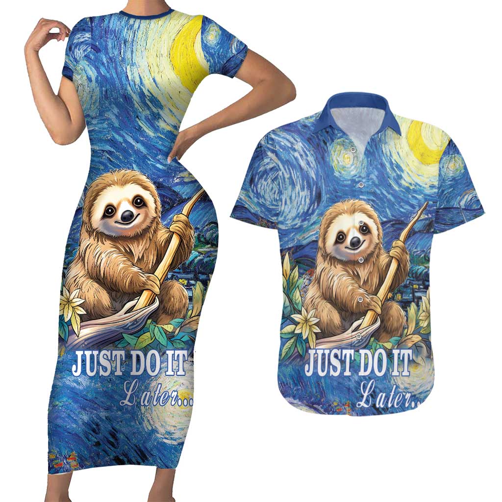 Sloth Starry Night Couples Matching Short Sleeve Bodycon Dress and Hawaiian Shirt I'm Not Lazy - Wonder Print Shop
