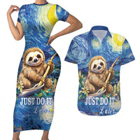 Sloth Starry Night Couples Matching Short Sleeve Bodycon Dress and Hawaiian Shirt I'm Not Lazy - Wonder Print Shop