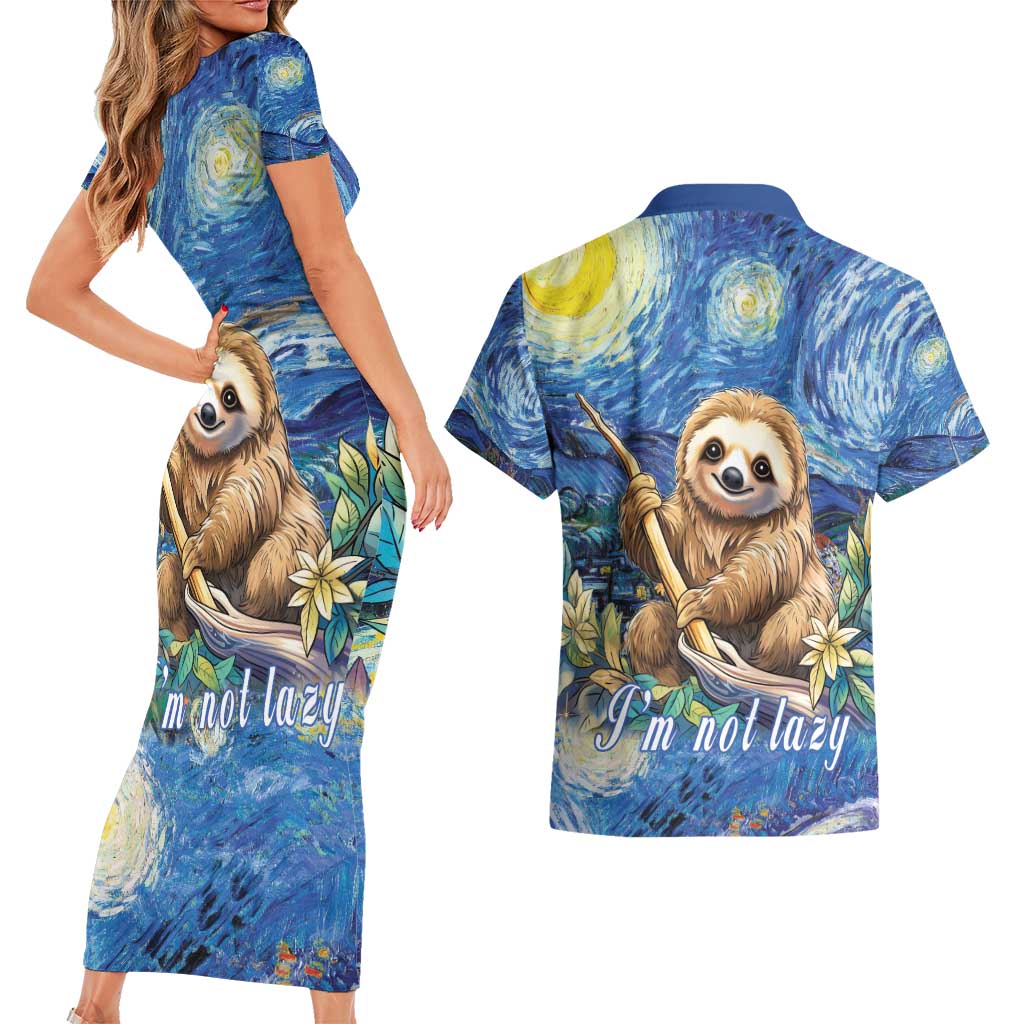 Sloth Starry Night Couples Matching Short Sleeve Bodycon Dress and Hawaiian Shirt I'm Not Lazy - Wonder Print Shop
