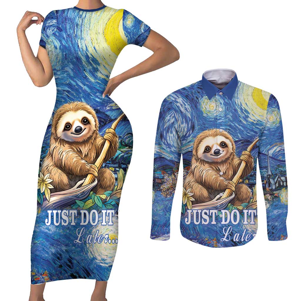 Sloth Starry Night Couples Matching Short Sleeve Bodycon Dress and Long Sleeve Button Shirt I'm Not Lazy - Wonder Print Shop