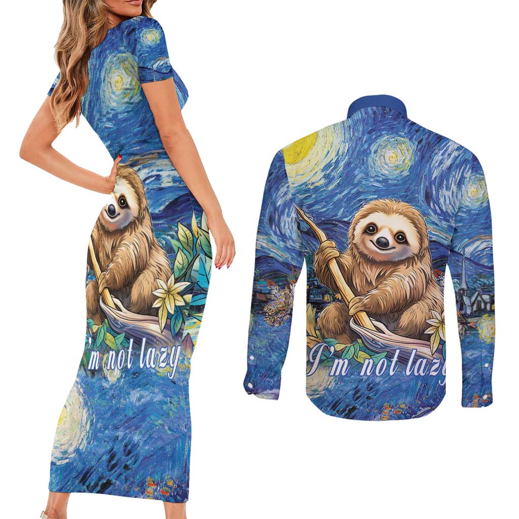 Sloth Starry Night Couples Matching Short Sleeve Bodycon Dress and Long Sleeve Button Shirt I'm Not Lazy - Wonder Print Shop