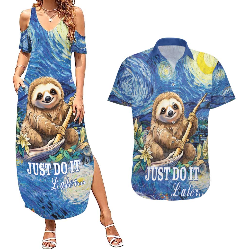 Sloth Starry Night Couples Matching Summer Maxi Dress and Hawaiian Shirt I'm Not Lazy - Wonder Print Shop
