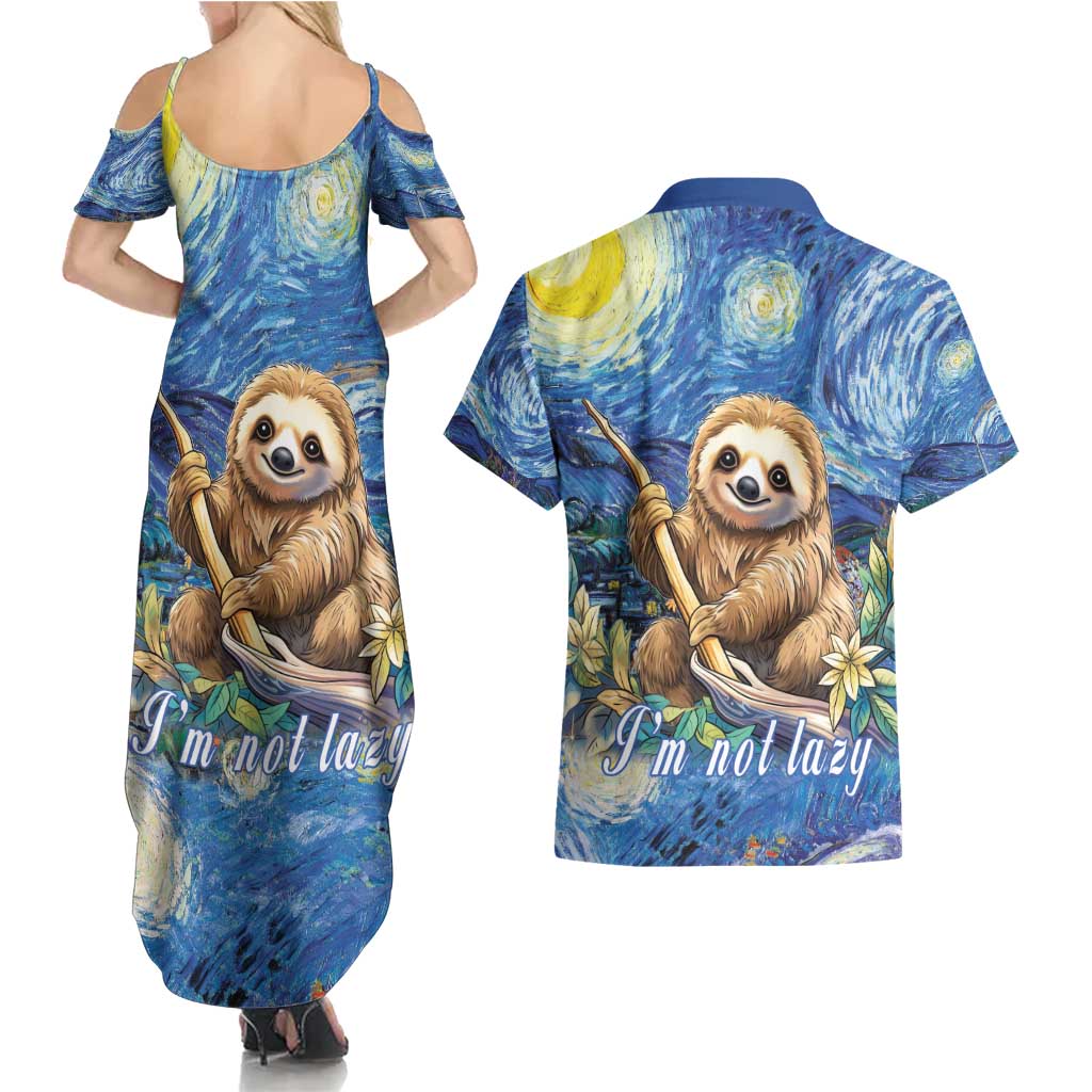 Sloth Starry Night Couples Matching Summer Maxi Dress and Hawaiian Shirt I'm Not Lazy - Wonder Print Shop