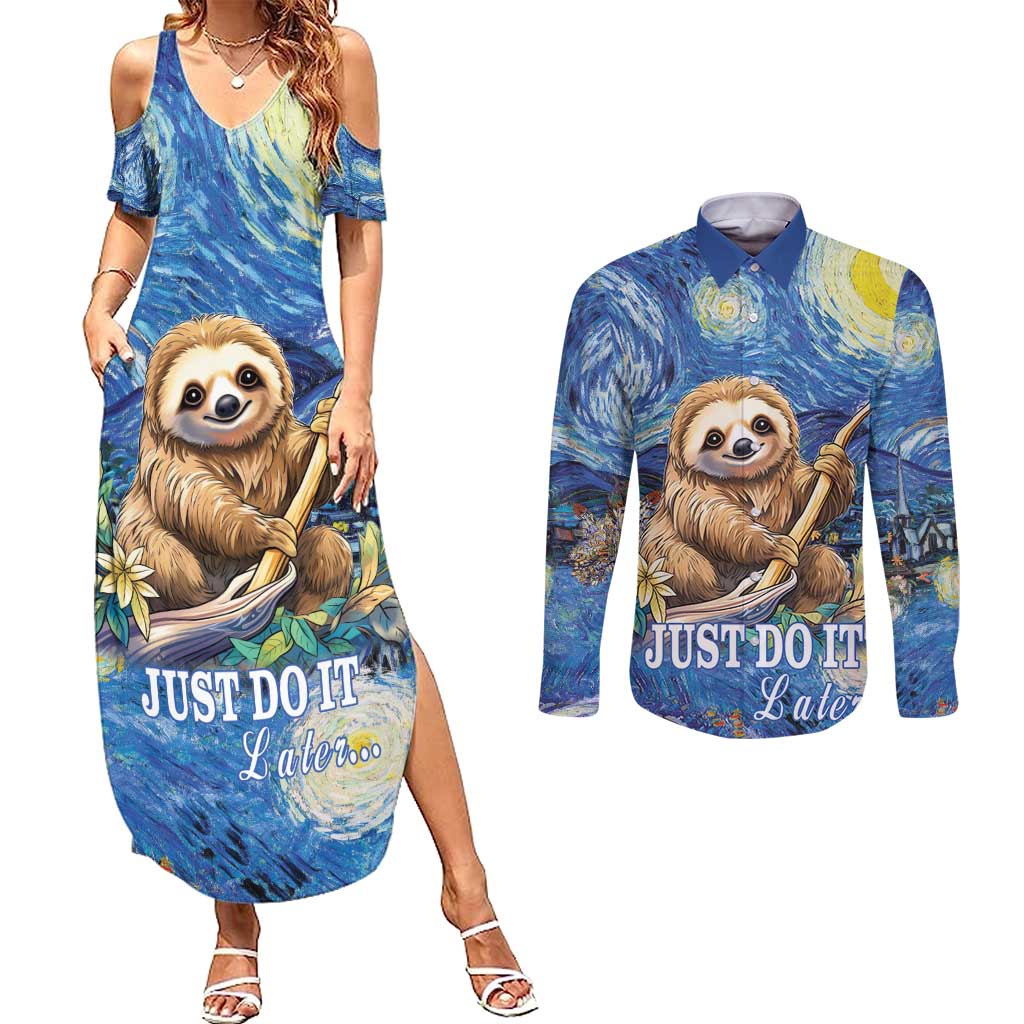 Sloth Starry Night Couples Matching Summer Maxi Dress and Long Sleeve Button Shirt I'm Not Lazy - Wonder Print Shop