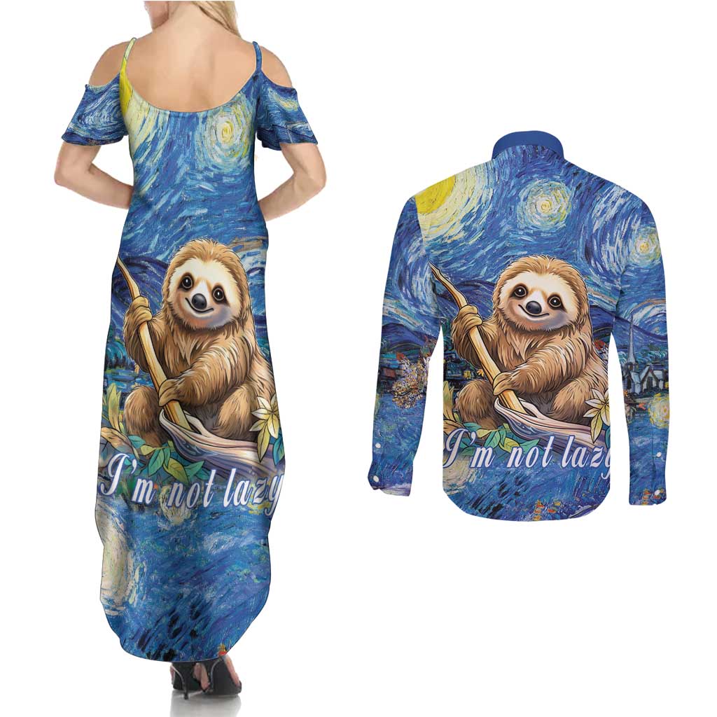 Sloth Starry Night Couples Matching Summer Maxi Dress and Long Sleeve Button Shirt I'm Not Lazy - Wonder Print Shop
