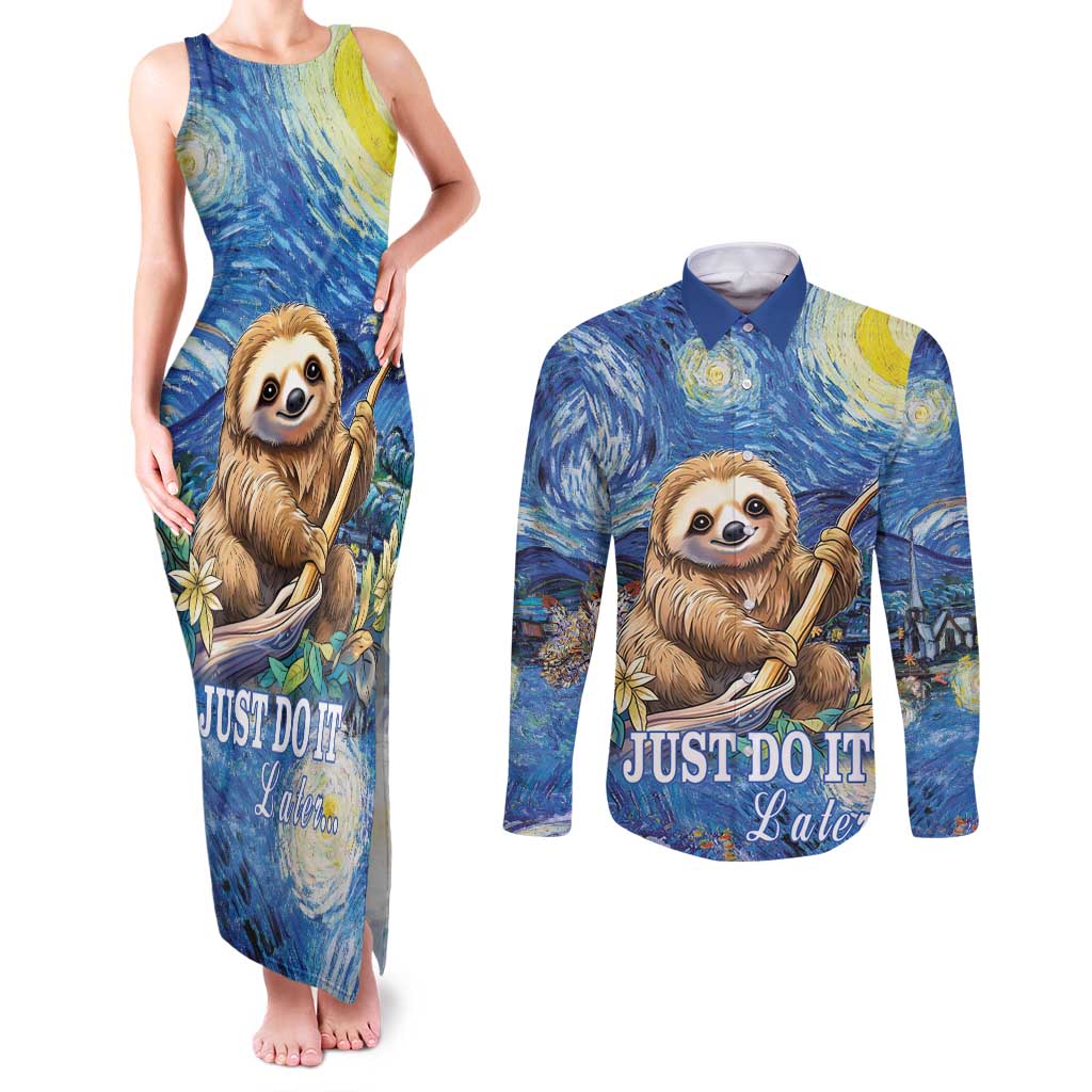 Sloth Starry Night Couples Matching Tank Maxi Dress and Long Sleeve Button Shirt I'm Not Lazy - Wonder Print Shop