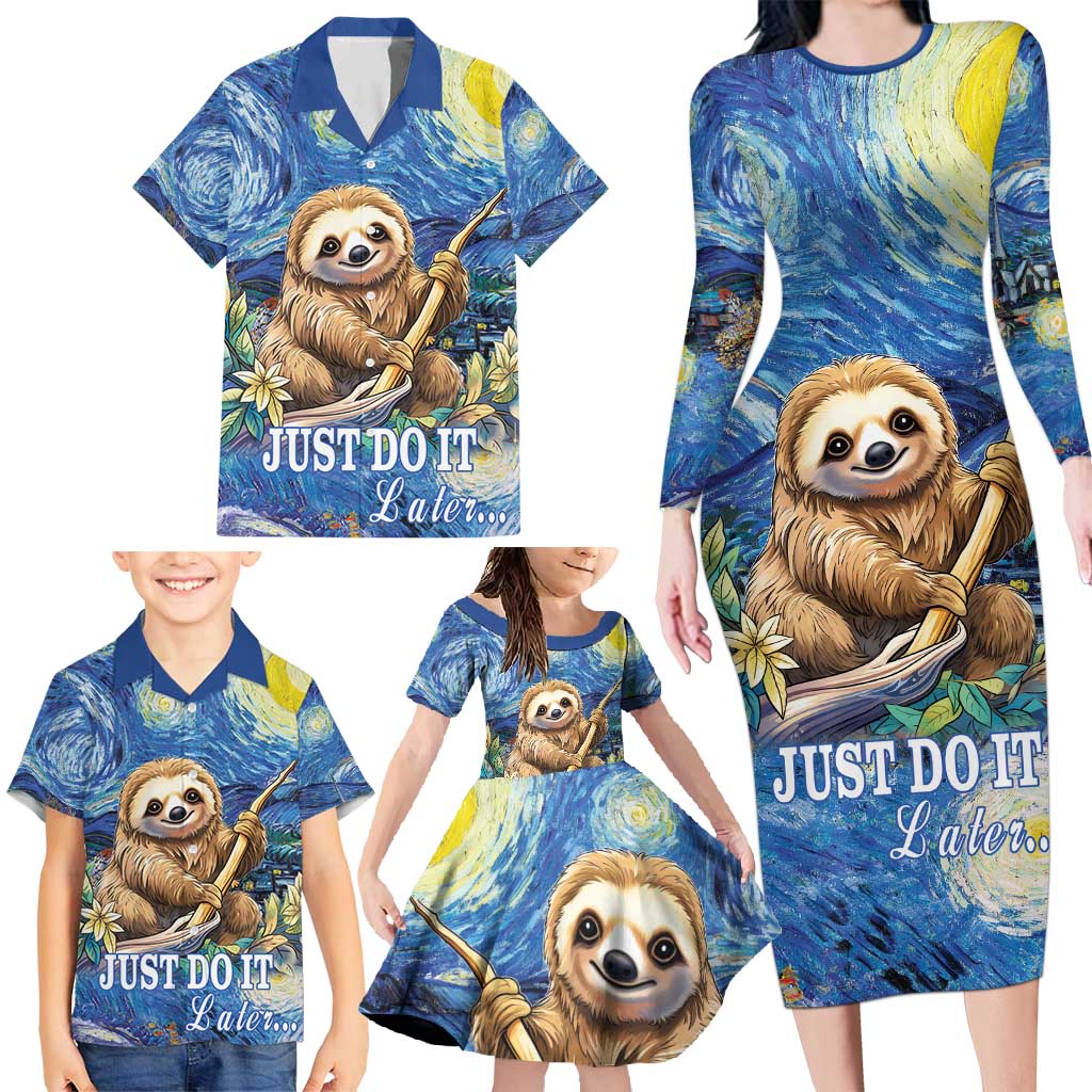 Sloth Starry Night Family Matching Long Sleeve Bodycon Dress and Hawaiian Shirt I'm Not Lazy - Wonder Print Shop