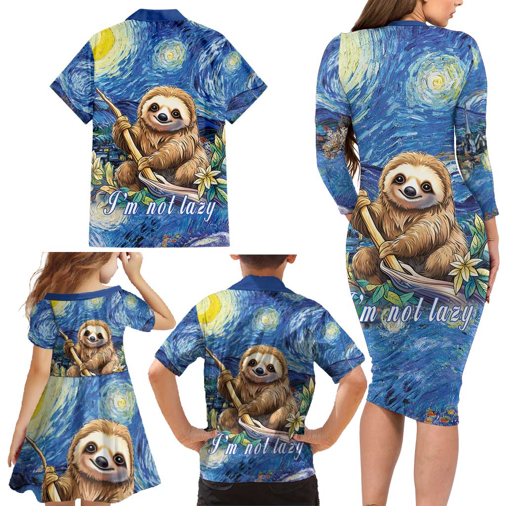 Sloth Starry Night Family Matching Long Sleeve Bodycon Dress and Hawaiian Shirt I'm Not Lazy - Wonder Print Shop