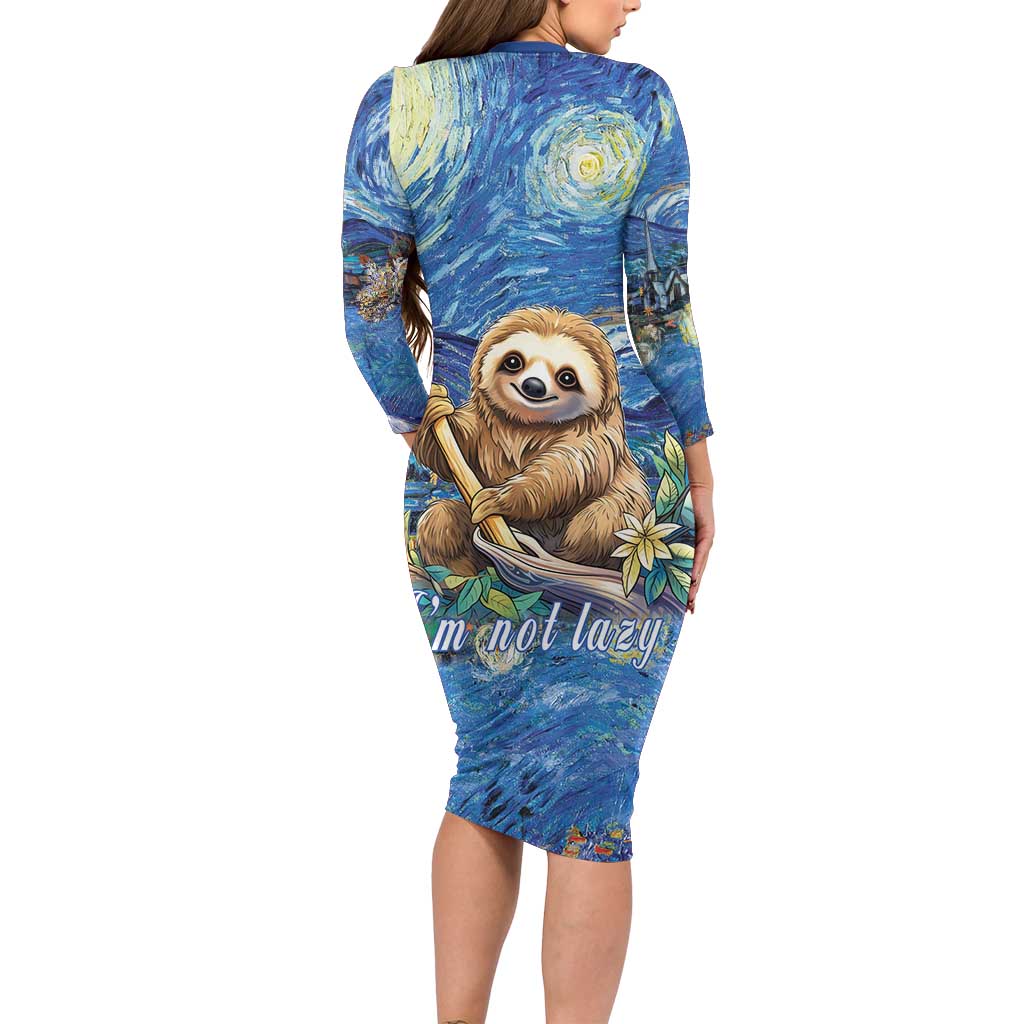 Sloth Starry Night Family Matching Long Sleeve Bodycon Dress and Hawaiian Shirt I'm Not Lazy - Wonder Print Shop