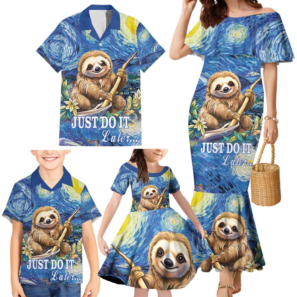 Sloth Starry Night Family Matching Mermaid Dress and Hawaiian Shirt I'm Not Lazy - Wonder Print Shop
