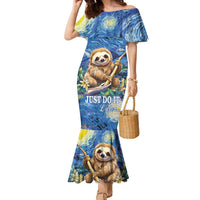 Sloth Starry Night Family Matching Mermaid Dress and Hawaiian Shirt I'm Not Lazy - Wonder Print Shop