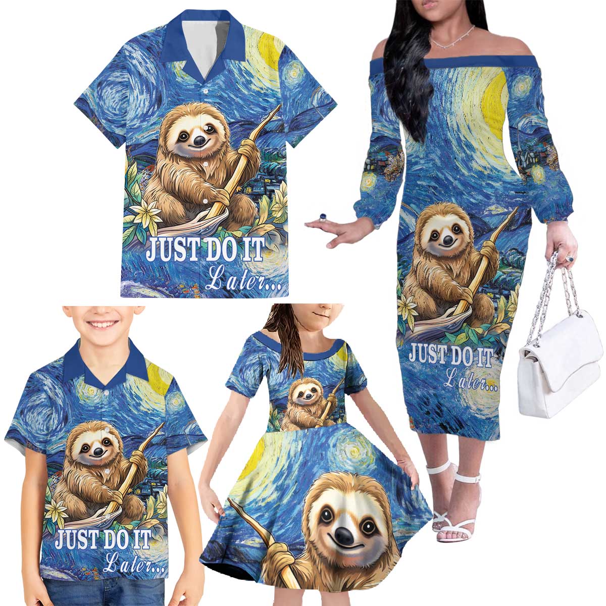 Sloth Starry Night Family Matching Off The Shoulder Long Sleeve Dress and Hawaiian Shirt I'm Not Lazy - Wonder Print Shop