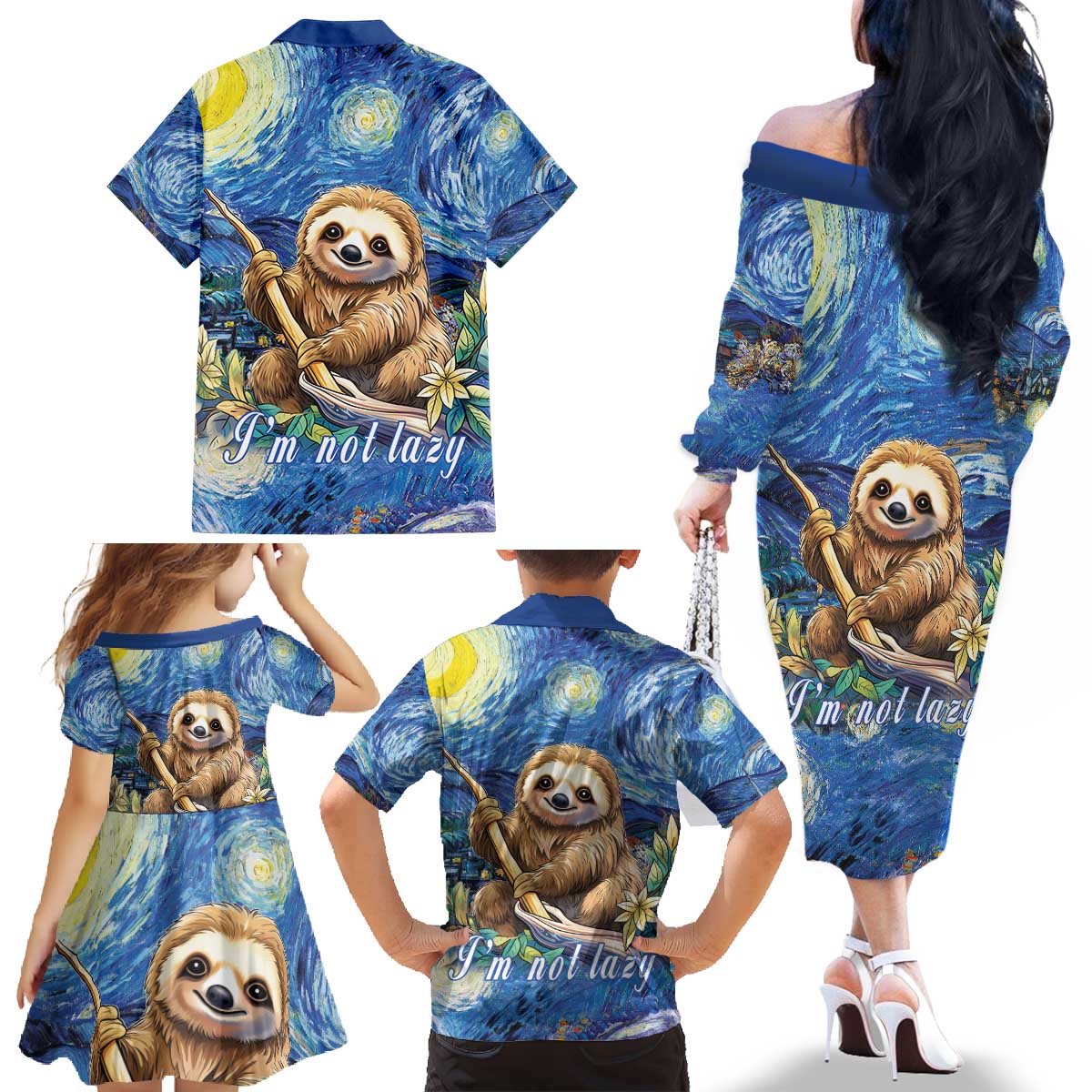 Sloth Starry Night Family Matching Off The Shoulder Long Sleeve Dress and Hawaiian Shirt I'm Not Lazy - Wonder Print Shop