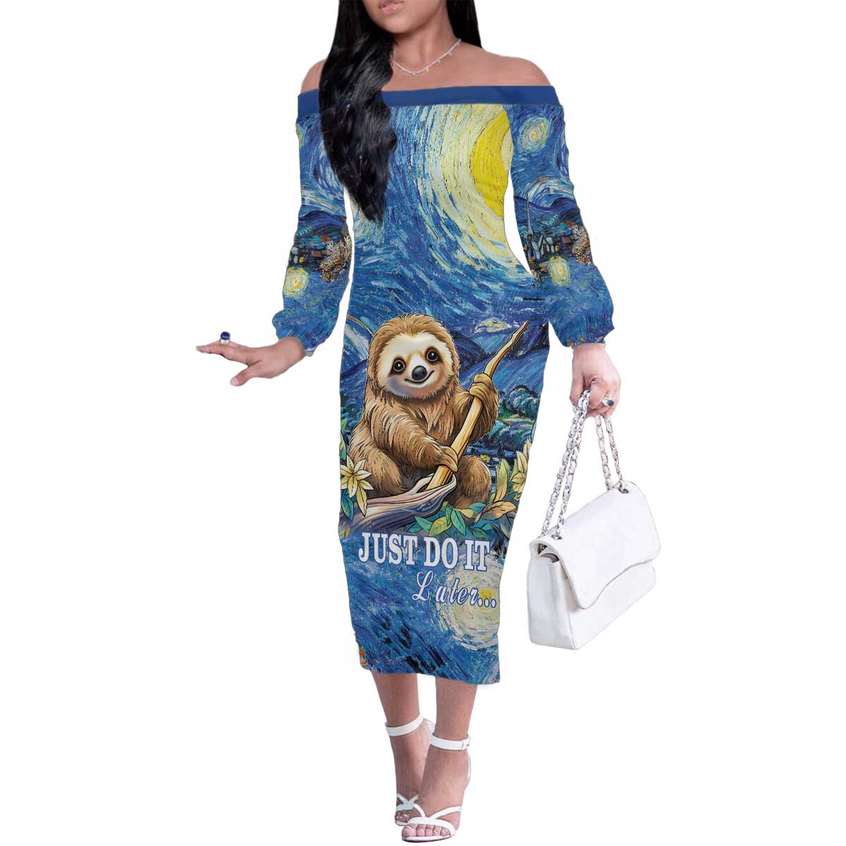 Sloth Starry Night Family Matching Off The Shoulder Long Sleeve Dress and Hawaiian Shirt I'm Not Lazy - Wonder Print Shop