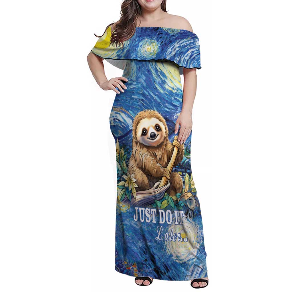 Sloth Starry Night Family Matching Off Shoulder Maxi Dress and Hawaiian Shirt I'm Not Lazy - Wonder Print Shop