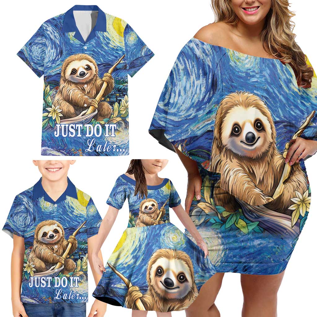Sloth Starry Night Family Matching Off Shoulder Short Dress and Hawaiian Shirt I'm Not Lazy - Wonder Print Shop