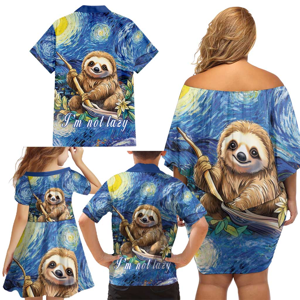 Sloth Starry Night Family Matching Off Shoulder Short Dress and Hawaiian Shirt I'm Not Lazy - Wonder Print Shop