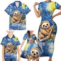 Sloth Starry Night Family Matching Short Sleeve Bodycon Dress and Hawaiian Shirt I'm Not Lazy - Wonder Print Shop