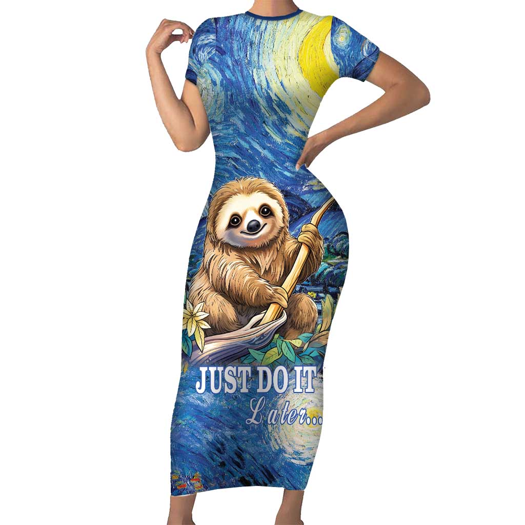 Sloth Starry Night Family Matching Short Sleeve Bodycon Dress and Hawaiian Shirt I'm Not Lazy - Wonder Print Shop