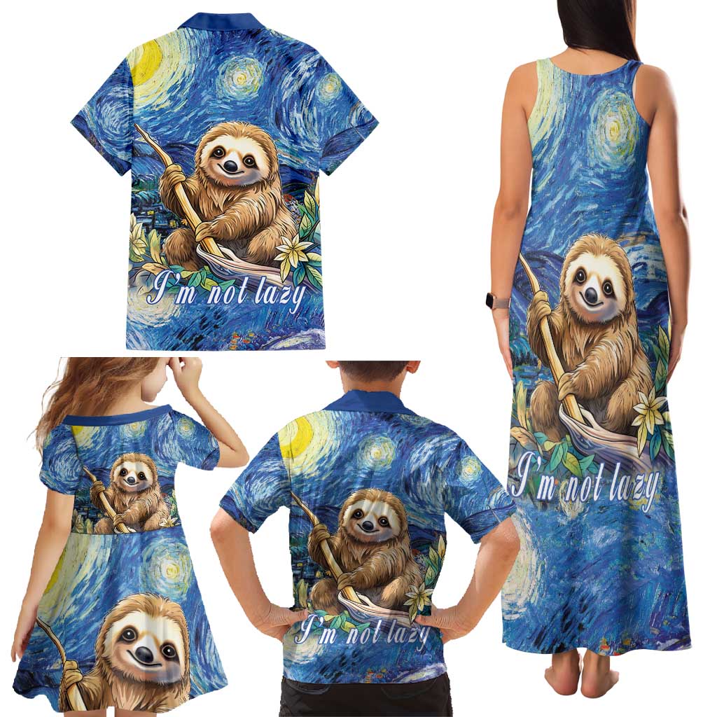 Sloth Starry Night Family Matching Tank Maxi Dress and Hawaiian Shirt I'm Not Lazy - Wonder Print Shop