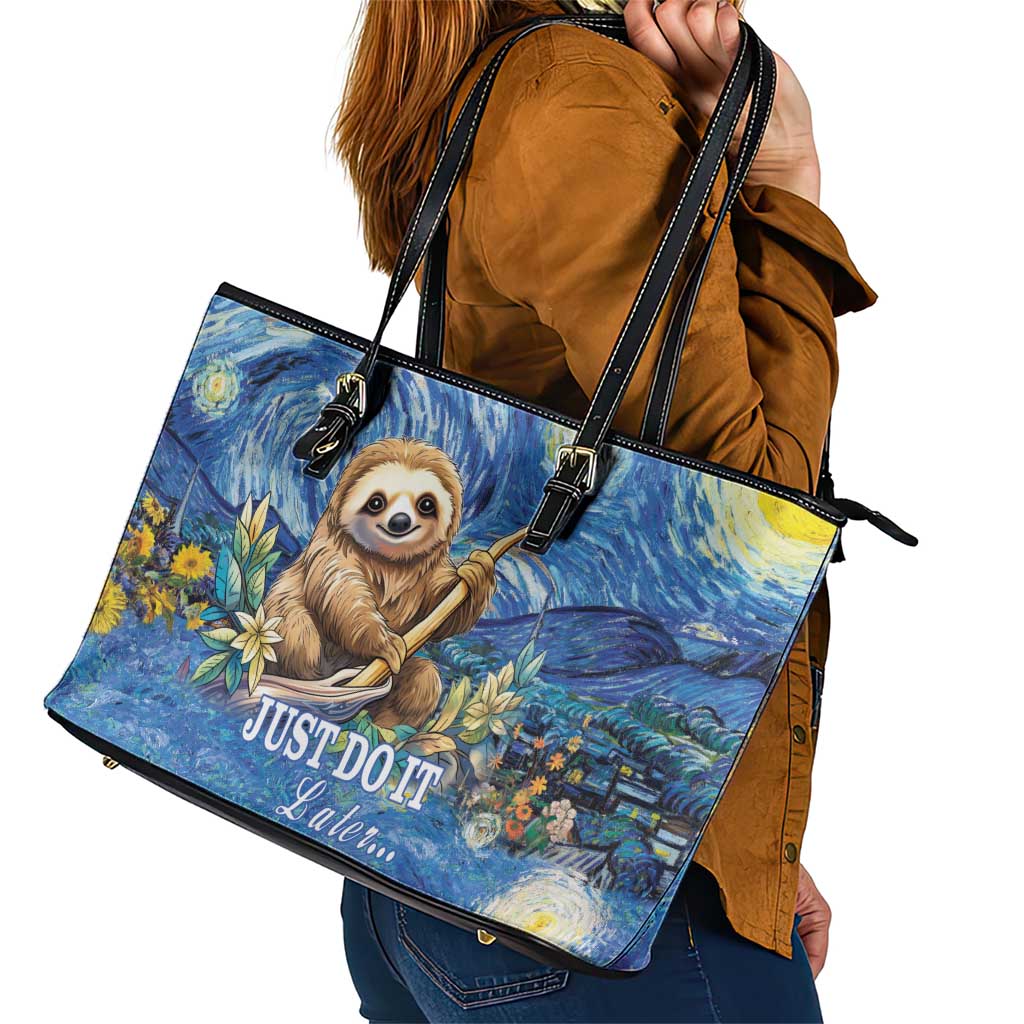 Sloth Starry Night Leather Tote Bag I'm Not Lazy - Wonder Print Shop