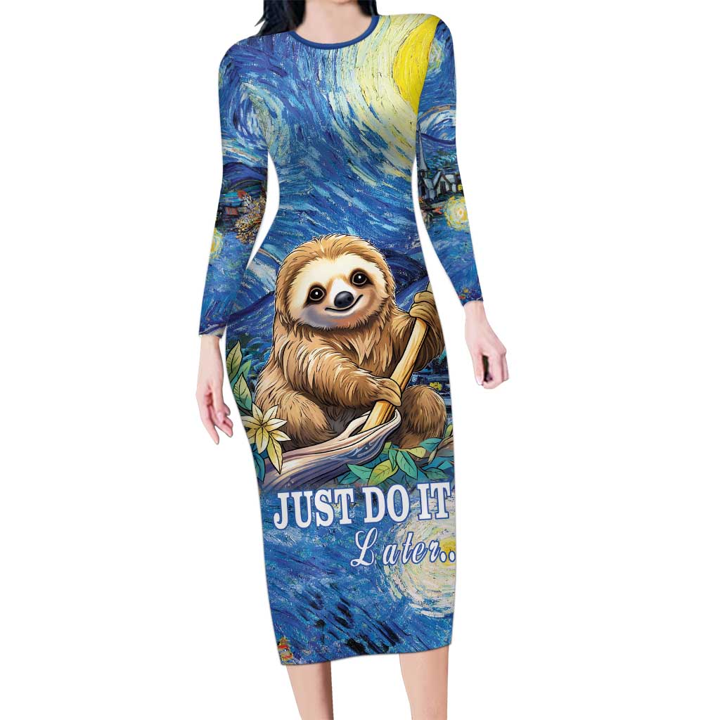Sloth Starry Night Long Sleeve Bodycon Dress I'm Not Lazy - Wonder Print Shop