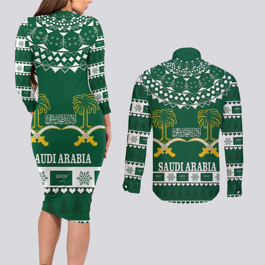 Saudi Arabia Christmas Couples Matching Long Sleeve Bodycon Dress and Long Sleeve Button Shirt Coat Of Arms Milad Mubarak - Wonder Print Shop
