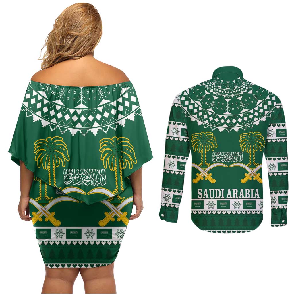 Saudi Arabia Christmas Couples Matching Off Shoulder Short Dress and Long Sleeve Button Shirt Coat Of Arms Milad Mubarak - Wonder Print Shop