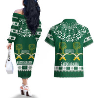 Saudi Arabia Christmas Couples Matching Off The Shoulder Long Sleeve Dress and Hawaiian Shirt Coat Of Arms Milad Mubarak - Wonder Print Shop