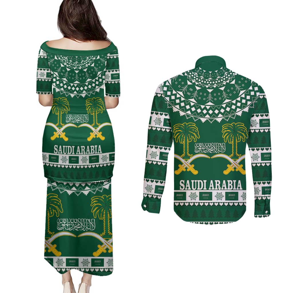 Saudi Arabia Christmas Couples Matching Puletasi and Long Sleeve Button Shirt Coat Of Arms Milad Mubarak - Wonder Print Shop