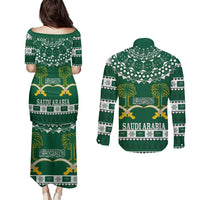Saudi Arabia Christmas Couples Matching Puletasi and Long Sleeve Button Shirt Coat Of Arms Milad Mubarak - Wonder Print Shop