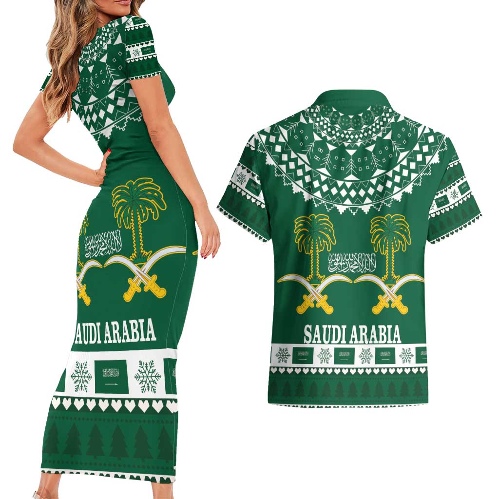 Saudi Arabia Christmas Couples Matching Short Sleeve Bodycon Dress and Hawaiian Shirt Coat Of Arms Milad Mubarak - Wonder Print Shop