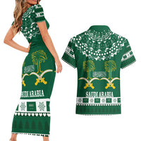 Saudi Arabia Christmas Couples Matching Short Sleeve Bodycon Dress and Hawaiian Shirt Coat Of Arms Milad Mubarak - Wonder Print Shop