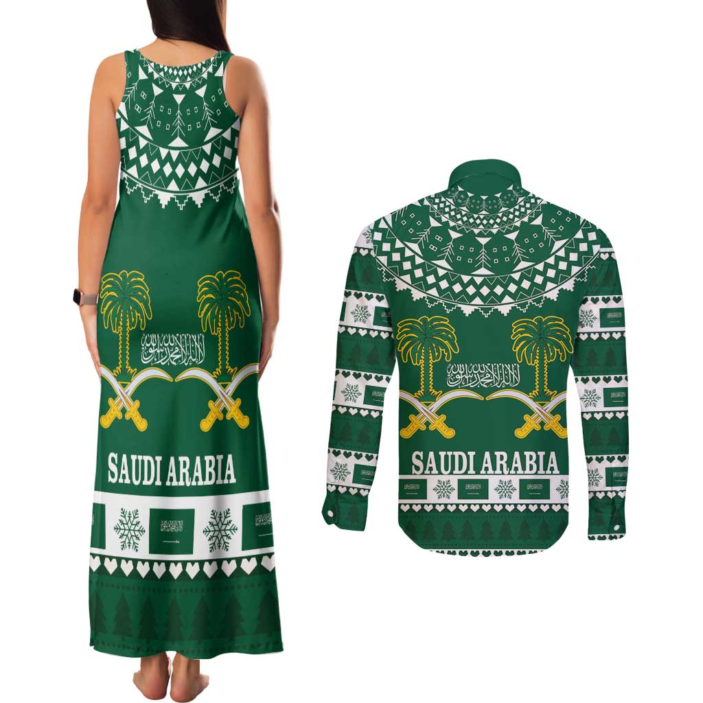 Saudi Arabia Christmas Couples Matching Tank Maxi Dress and Long Sleeve Button Shirt Coat Of Arms Milad Mubarak - Wonder Print Shop