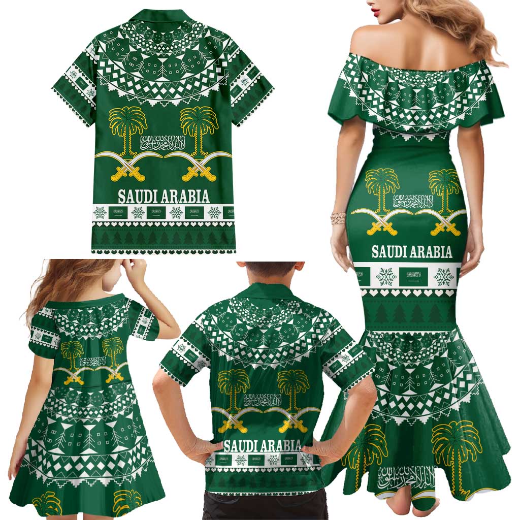 Saudi Arabia Christmas Family Matching Mermaid Dress and Hawaiian Shirt Coat Of Arms Milad Mubarak - Wonder Print Shop