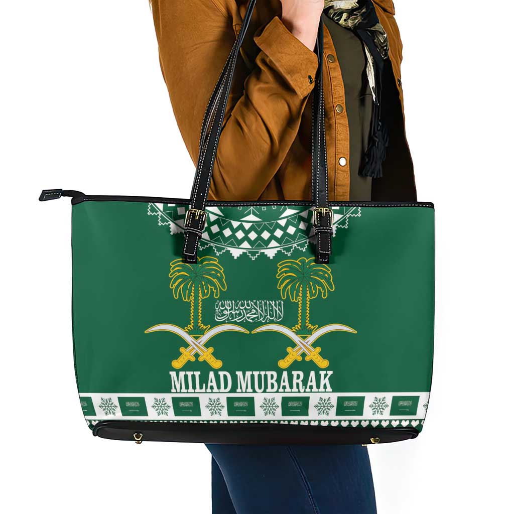 Saudi Arabia Christmas Leather Tote Bag Coat Of Arms Milad Mubarak - Wonder Print Shop