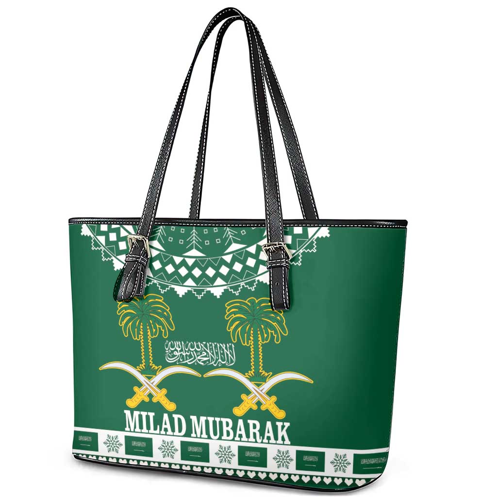 Saudi Arabia Christmas Leather Tote Bag Coat Of Arms Milad Mubarak - Wonder Print Shop
