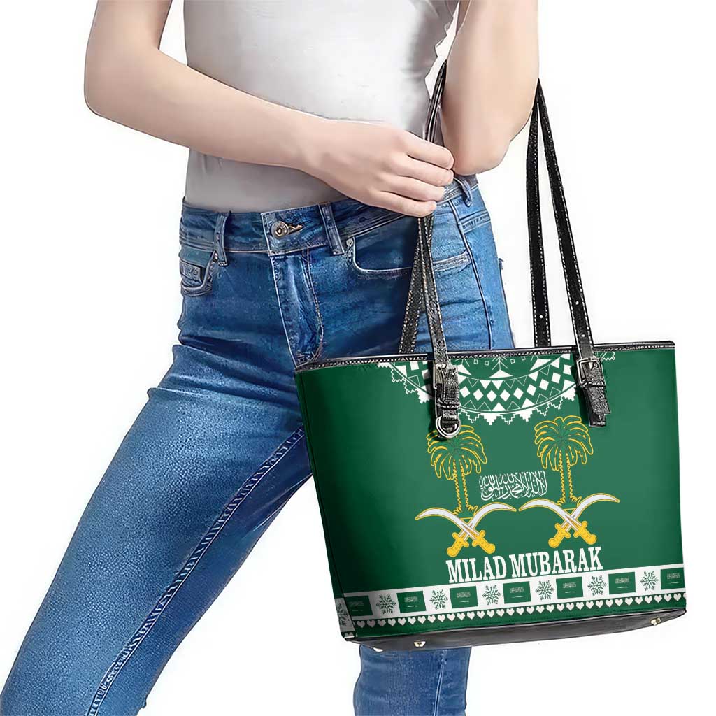 Saudi Arabia Christmas Leather Tote Bag Coat Of Arms Milad Mubarak - Wonder Print Shop
