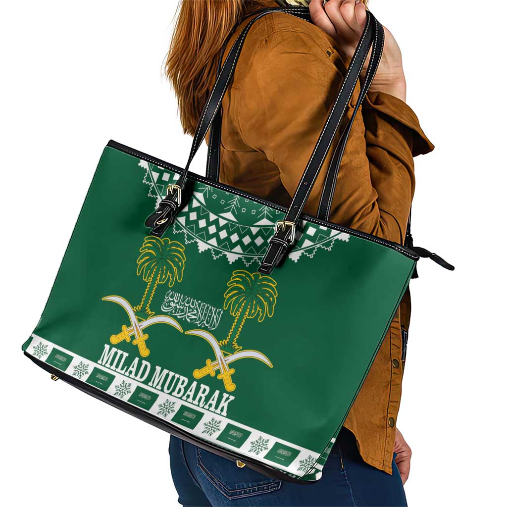 Saudi Arabia Christmas Leather Tote Bag Coat Of Arms Milad Mubarak - Wonder Print Shop