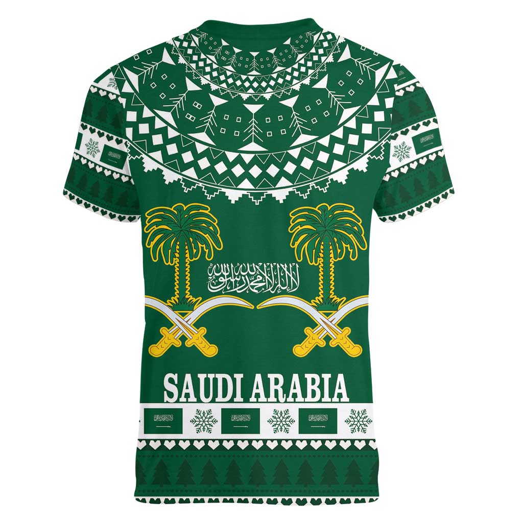 Saudi Arabia Christmas Women V-Neck T-Shirt Coat Of Arms Milad Mubarak - Wonder Print Shop