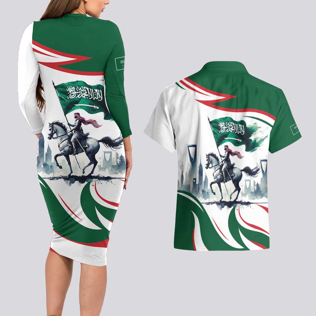 Saudi Arabia Horse Riders Couples Matching Long Sleeve Bodycon Dress and Hawaiian Shirt Arab Style - Wonder Print Shop