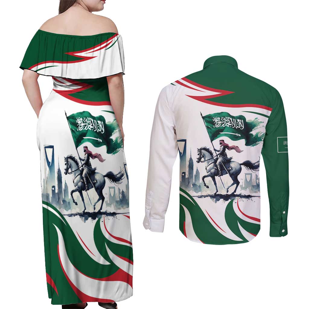 Saudi Arabia Horse Riders Couples Matching Off Shoulder Maxi Dress and Long Sleeve Button Shirt Arab Style - Wonder Print Shop