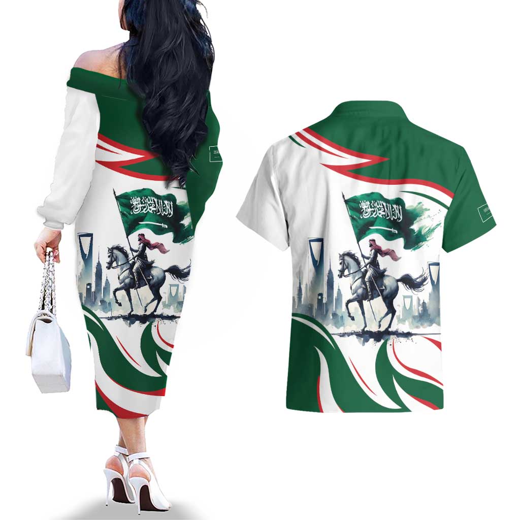Saudi Arabia Horse Riders Couples Matching Off The Shoulder Long Sleeve Dress and Hawaiian Shirt Arab Style - Wonder Print Shop