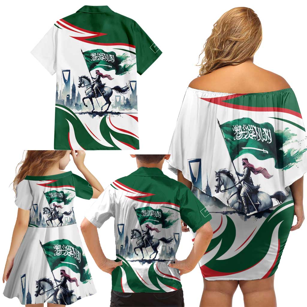 Saudi Arabia Horse Riders Family Matching Off Shoulder Short Dress and Hawaiian Shirt Arab Style - Wonder Print Shop