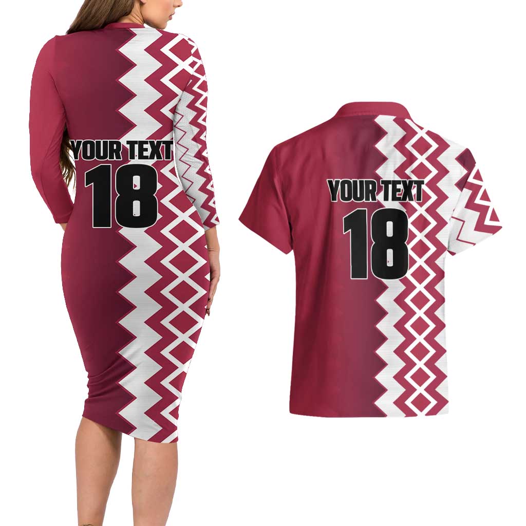 Custom Qatar Football Couples Matching Long Sleeve Bodycon Dress and Hawaiian Shirt Maroon One Go Champion - Wonder Print Shop